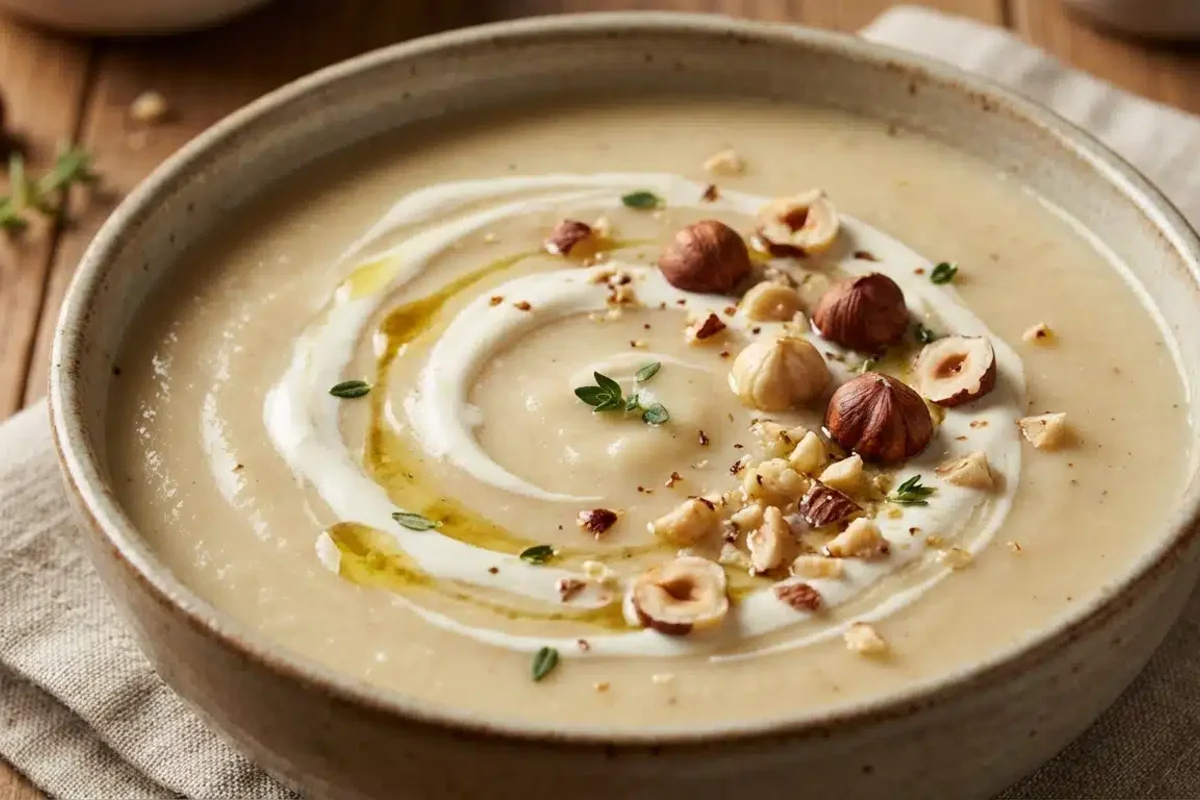 In inverno basta un solo piatto per sentirsi meglio: questa cremosa zuppa con topinambur e nocciole tostate è un vero toccasana.