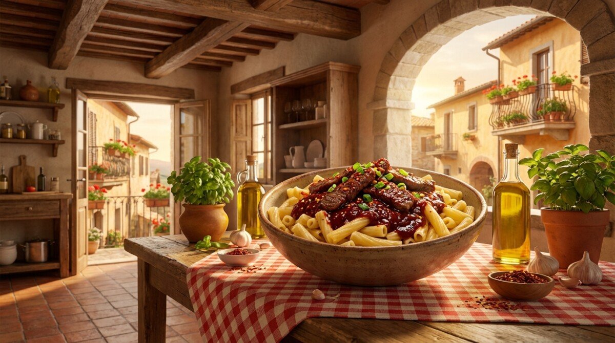 deliziosi maccheroni al manzo tenero, arricchiti con una salsa gochujang piccante per un'esplosione di sapori unici e speziati.