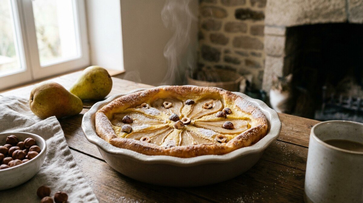 scopri un clafoutis invernale irresistibile: morbido, veloce e senza complicazioni, con pere succose e nocciole croccanti, perfetto per una merenda genuina e deliziosa.