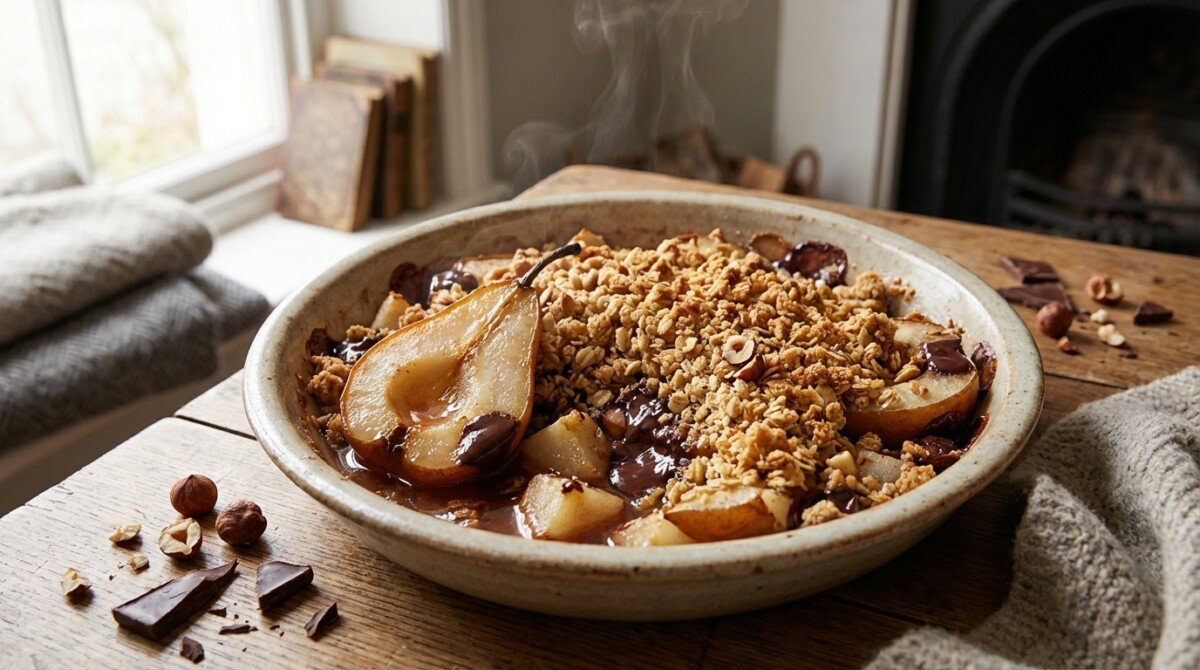 scopri il crumble veloce con pere succose, cioccolato intenso e nocciole croccanti, il dolce perfetto per rendere l'inverno un piacere irresistibile!