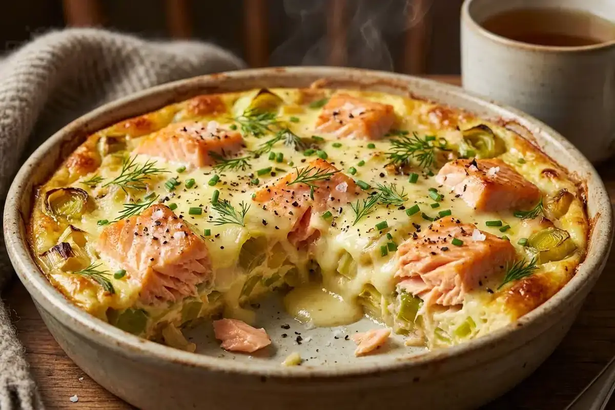 Questa non è la solita torta salata: questa quiche senza crosta con porri e salmone, super cremosa e delicata, è perfetta per la stagione fredda.