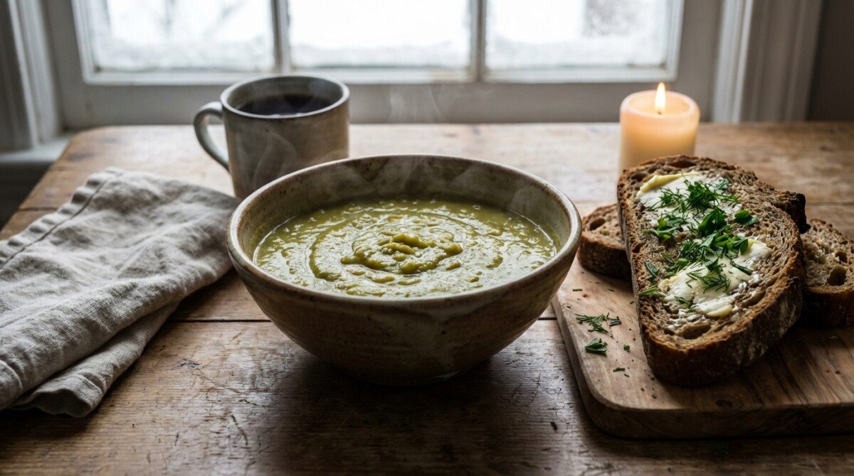 Questa vellutata di piselli spezzati, cremosa, abbondante e affumicata, riscalda le fredde sere d'inverno con meno di 2 euro