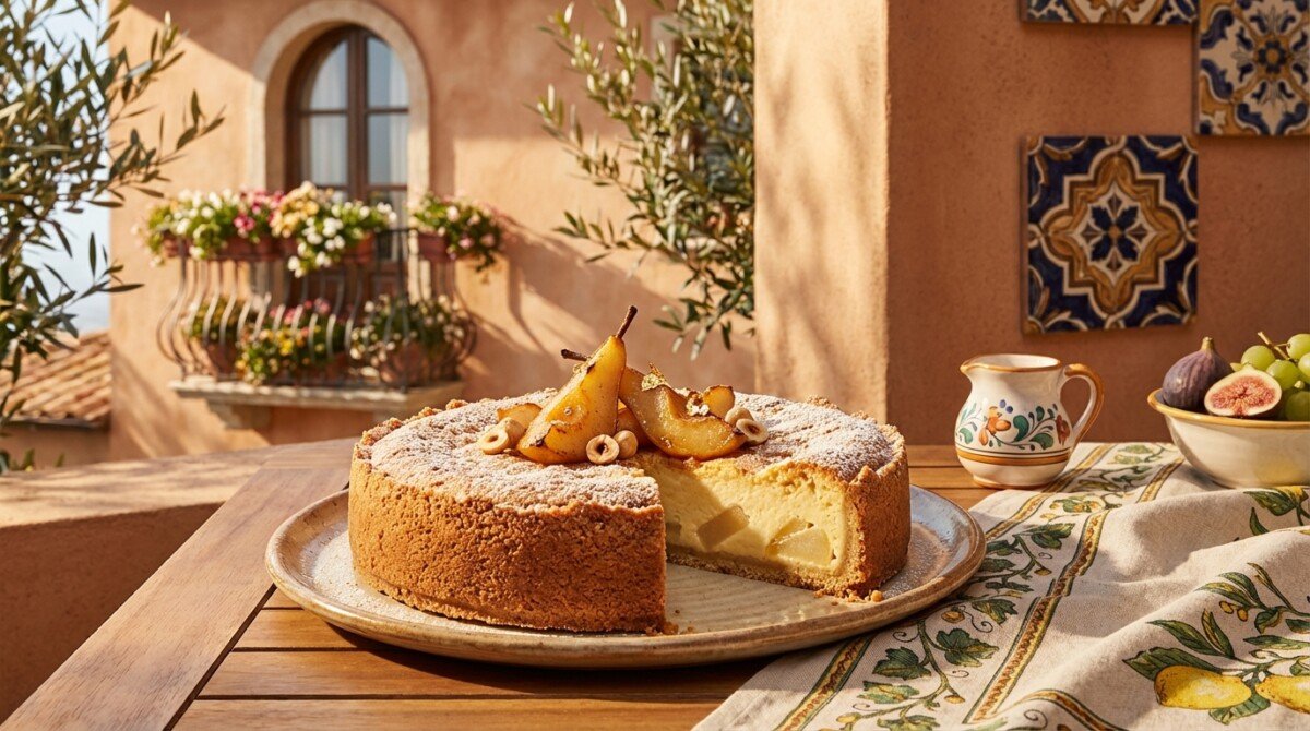 Torta alle pere con cuore cremoso e crosta dorata: un dessert elegante e delicato