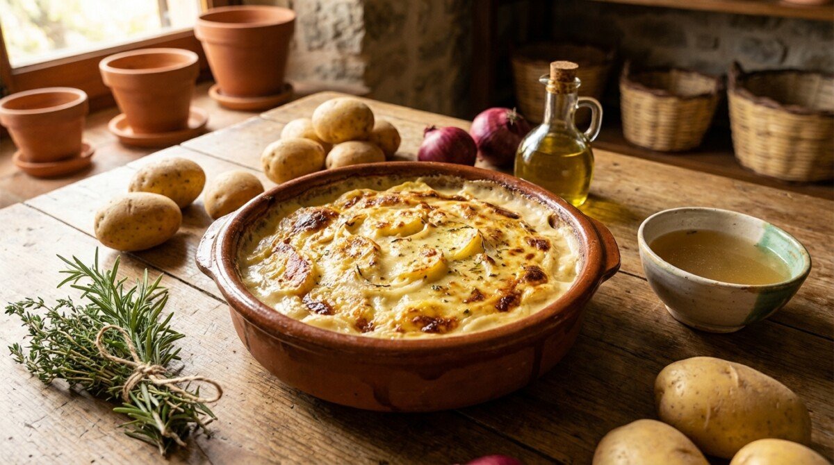 scopri il gratin più semplice del mondo con patate, cipolle e brodo, per una consistenza ricca e golosa che supera il tradizionale dauphinois.