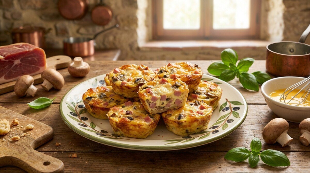 deliziose mini quiche senza pasta con prosciutto e funghi, pronte in soli 10 minuti e dorate alla perfezione. ideali per un antipasto veloce e gustoso.