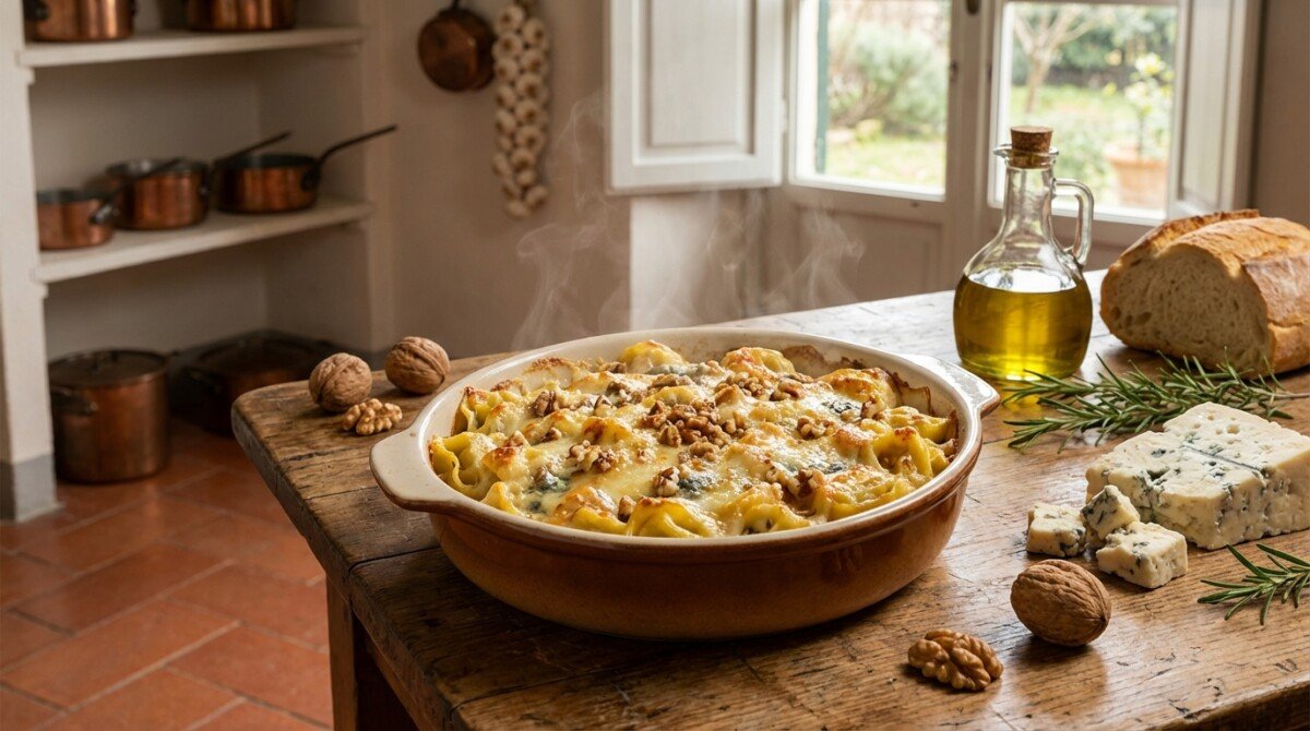 scopri il gratin di tortellini al blu e noci, una ricetta super veloce e gustosa che ti riscalda in soli 15 minuti. perfetto per combattere il freddo con sapori ricchi e avvolgenti.