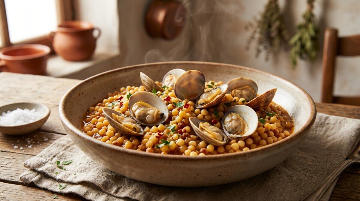 assapora la fregola con arselle sarda, un piatto tradizionale ricco di gusto che celebra i sapori autentici del mediterraneo, perfetto in ogni stagione.