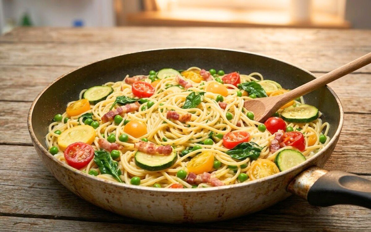 Pasta in padella con asparagi e zucchine pronta in 10 minuti la tecnica dell'amido al posto della panna, e costa meno di 3 € in due