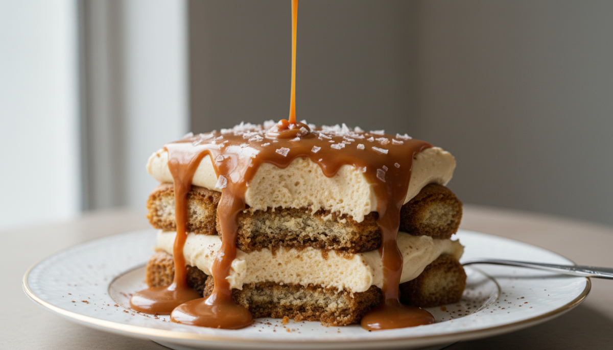 scopri il delizioso tiramisu al caramello salato, un dolce irresistibile che combina la dolcezza cremosa con il gusto intenso e leggermente salato del caramello.
