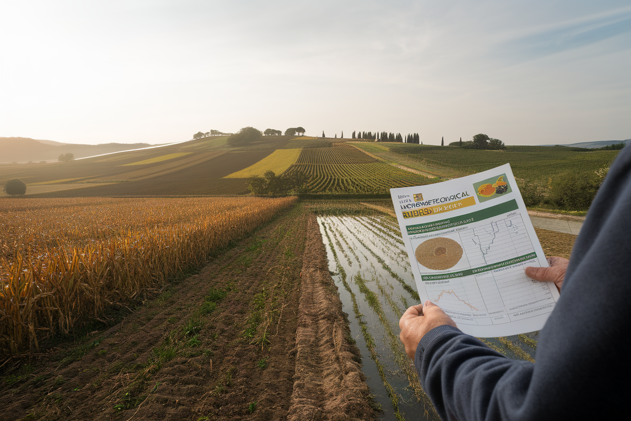 Paesaggio agricolo lombardo in settembre con campi e vigneti durante la raccolta
