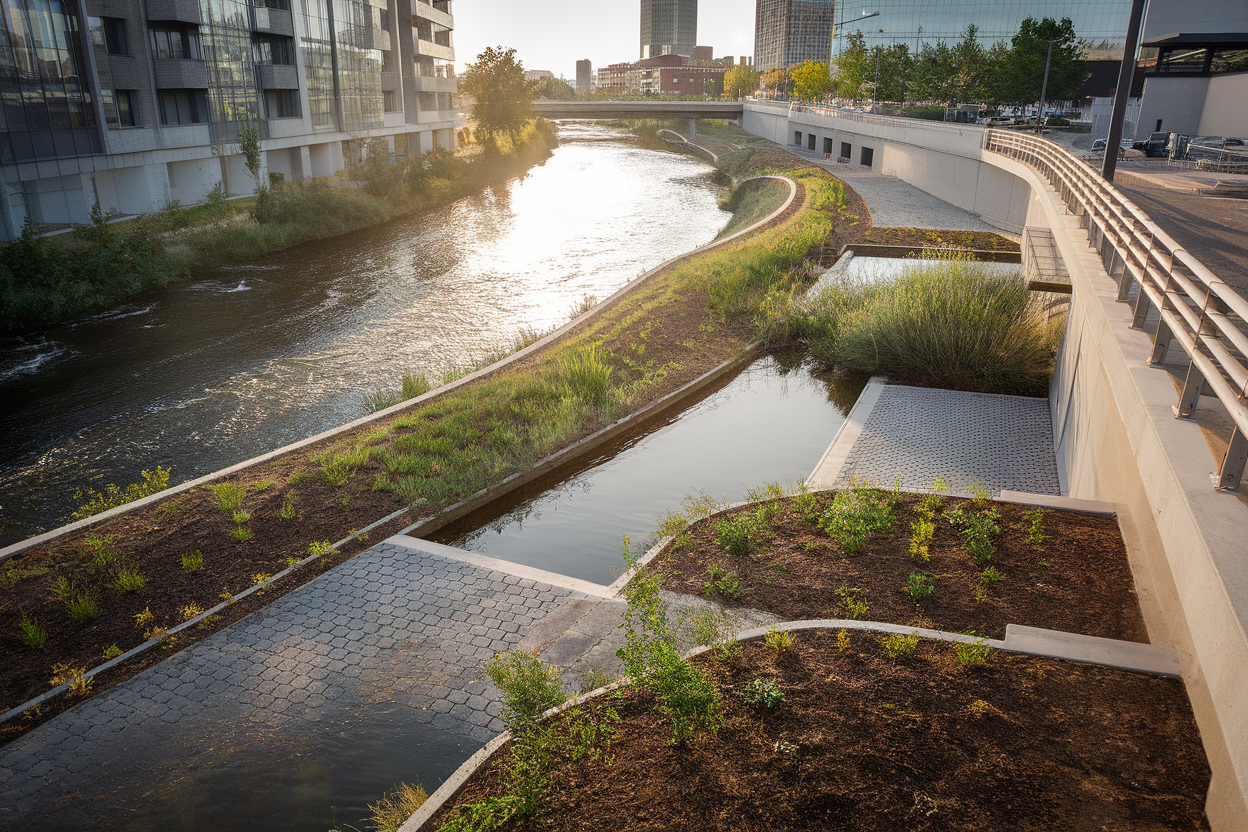 Fiume urbano con soluzioni naturali per la gestione delle acque meteoriche