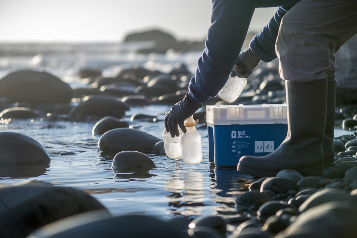 Tecnico che preleva campione d'acqua di mare per analisi