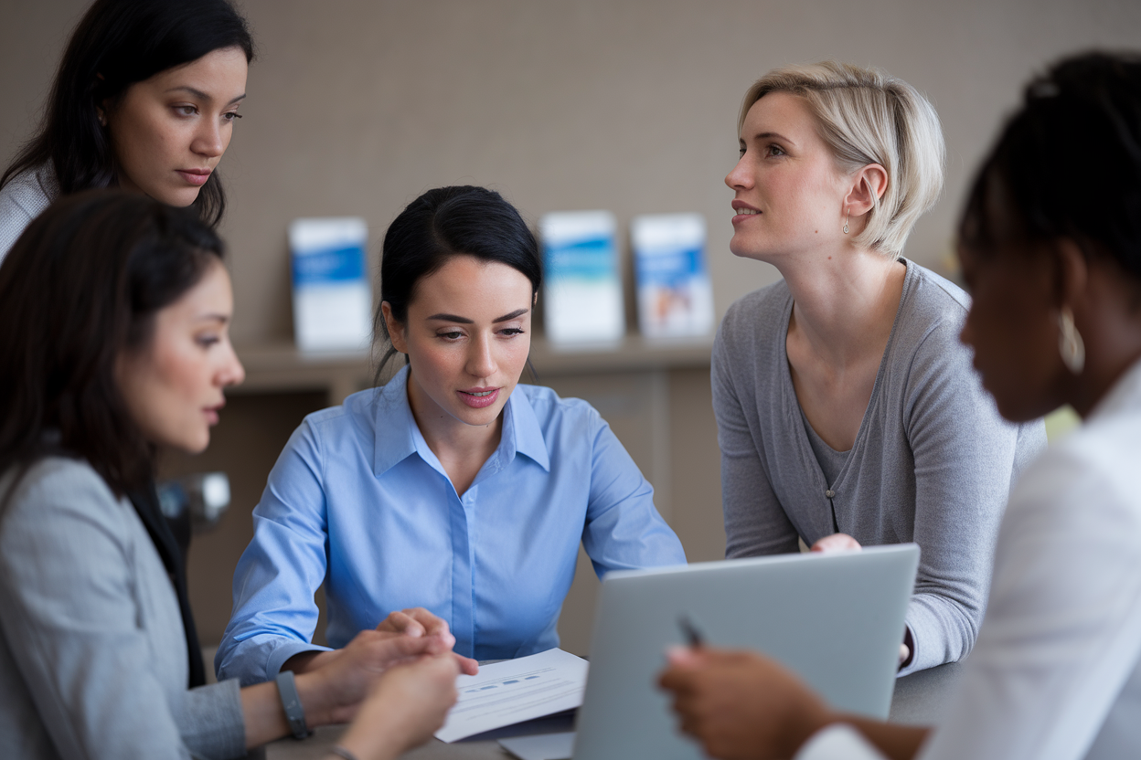 gruppo di donne professioniste in ufficio che discutono documenti