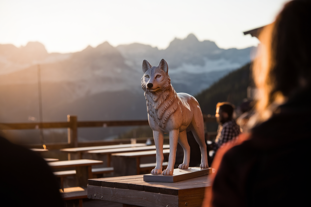 Terrazza di rifugio montano con pubblico e scenografia teatrale al tramonto