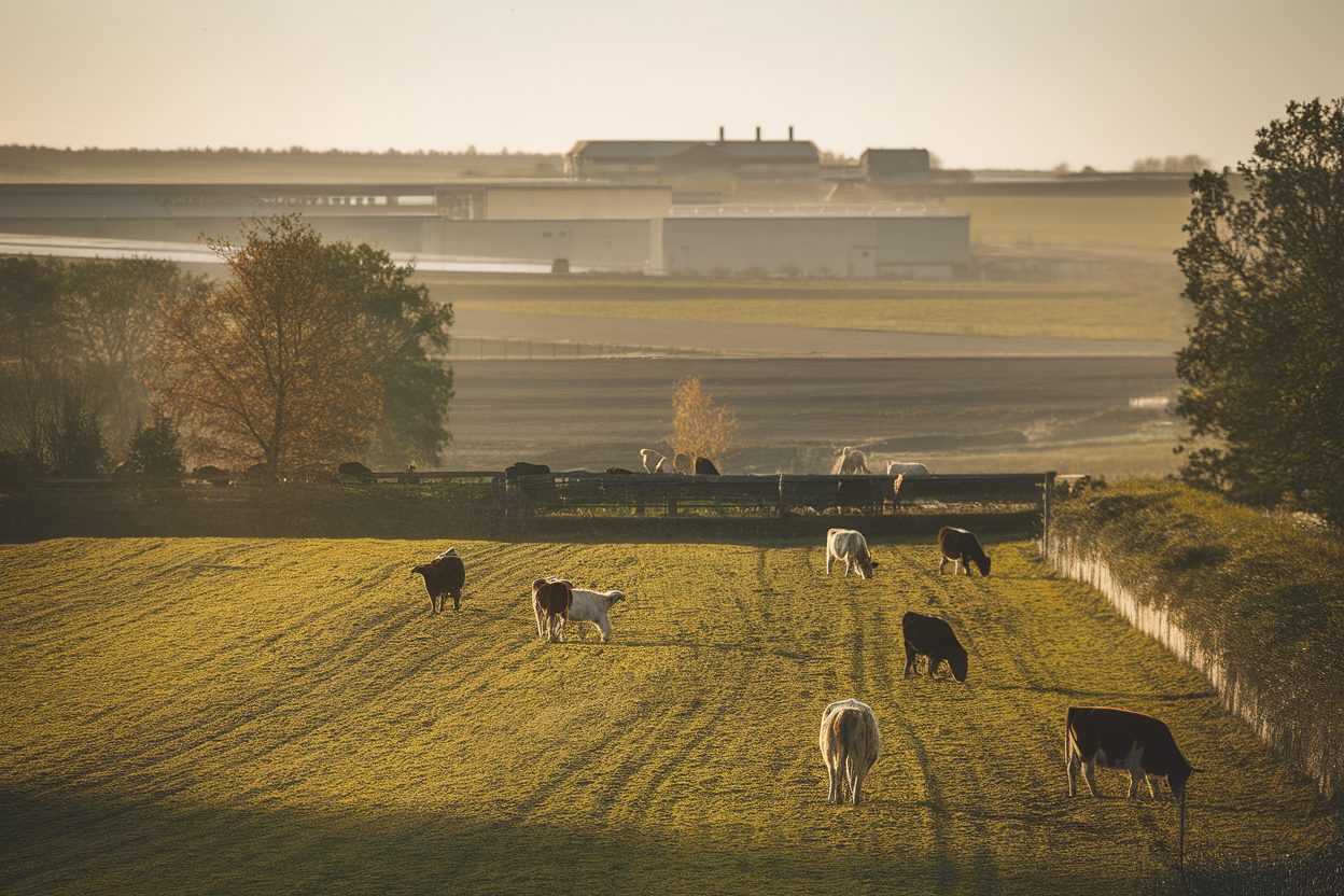 Paesaggio agricolo con pascolo estensivo e allevamenti intensivi sullo sfondo