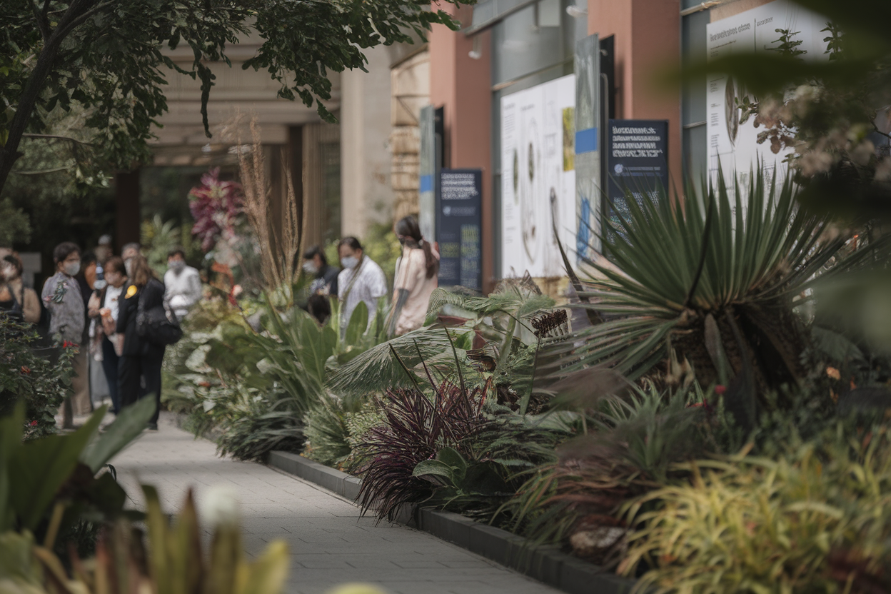 Viale dell’Orto Botanico con pannelli e visitatori a distanza