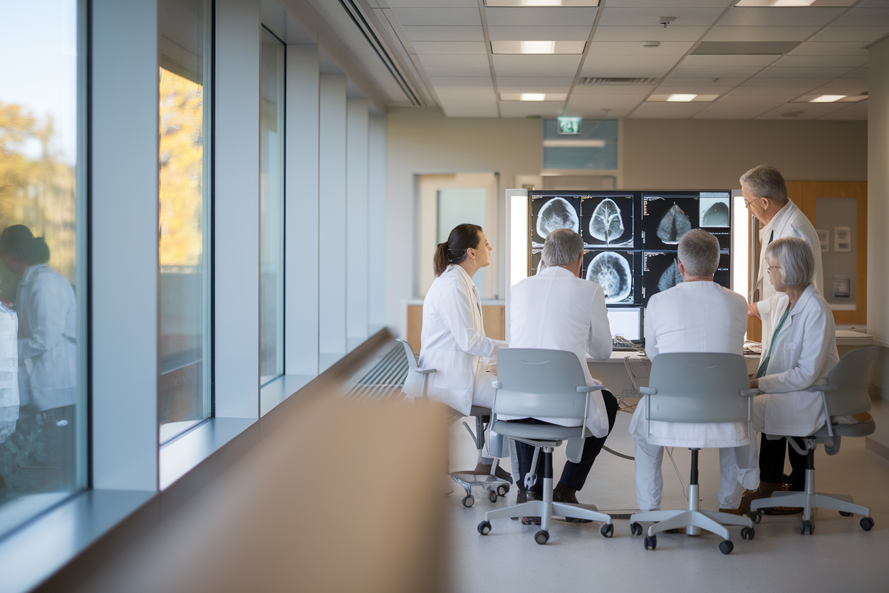Sala di consulto oncologico con medici che esaminano esami radiologici