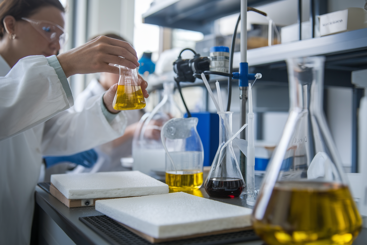 Laboratorio con campioni di schiume e olio esausto trasformato