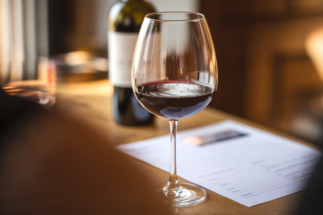 Primo piano di un calice di vino rosso su tavolo in legno