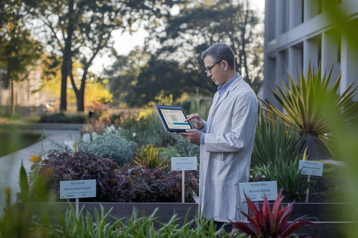 Curatore in orto botanico con tablet che mostra dati sulle piante