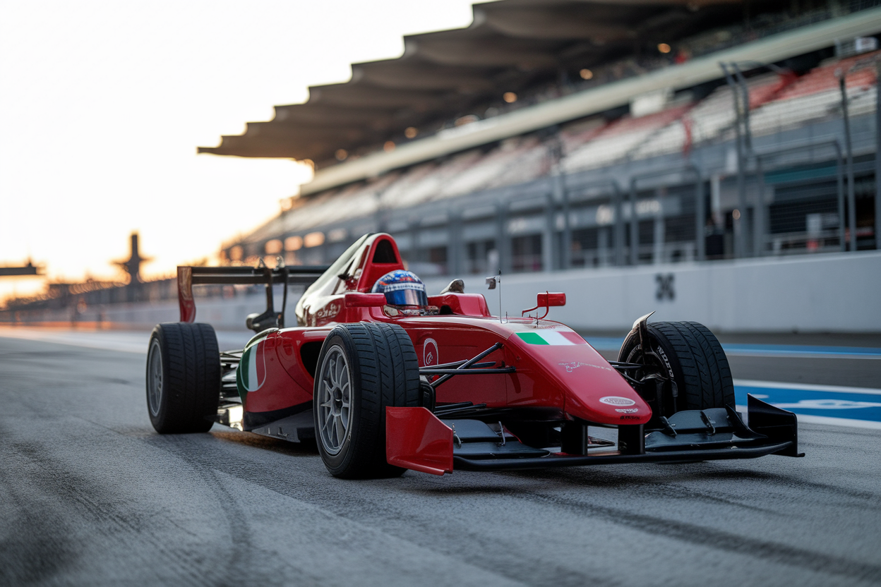 Monoposto italiana in corsia box a Suzuka con sfondo sfocato