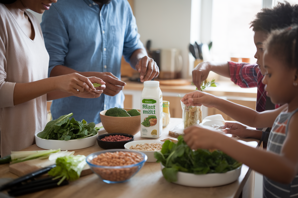 Bambini e genitori che preparano alimenti vegetali in cucina quotidiana