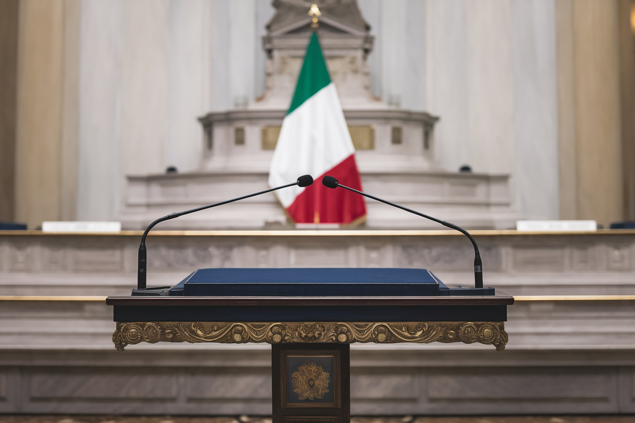 Podio vuoto davanti alla bandiera italiana in ambiente formale