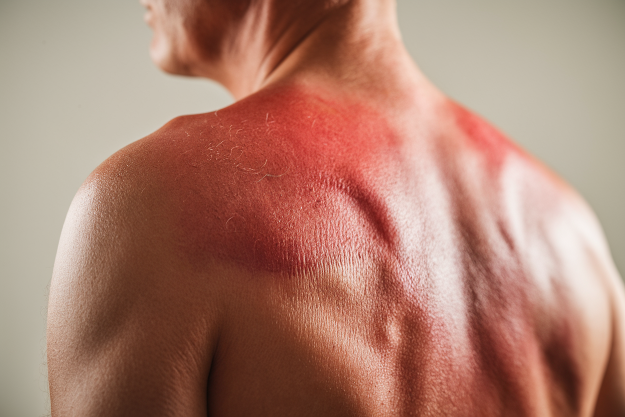 Spalle arrossate da scottatura con pelle sensibile e desquamazione