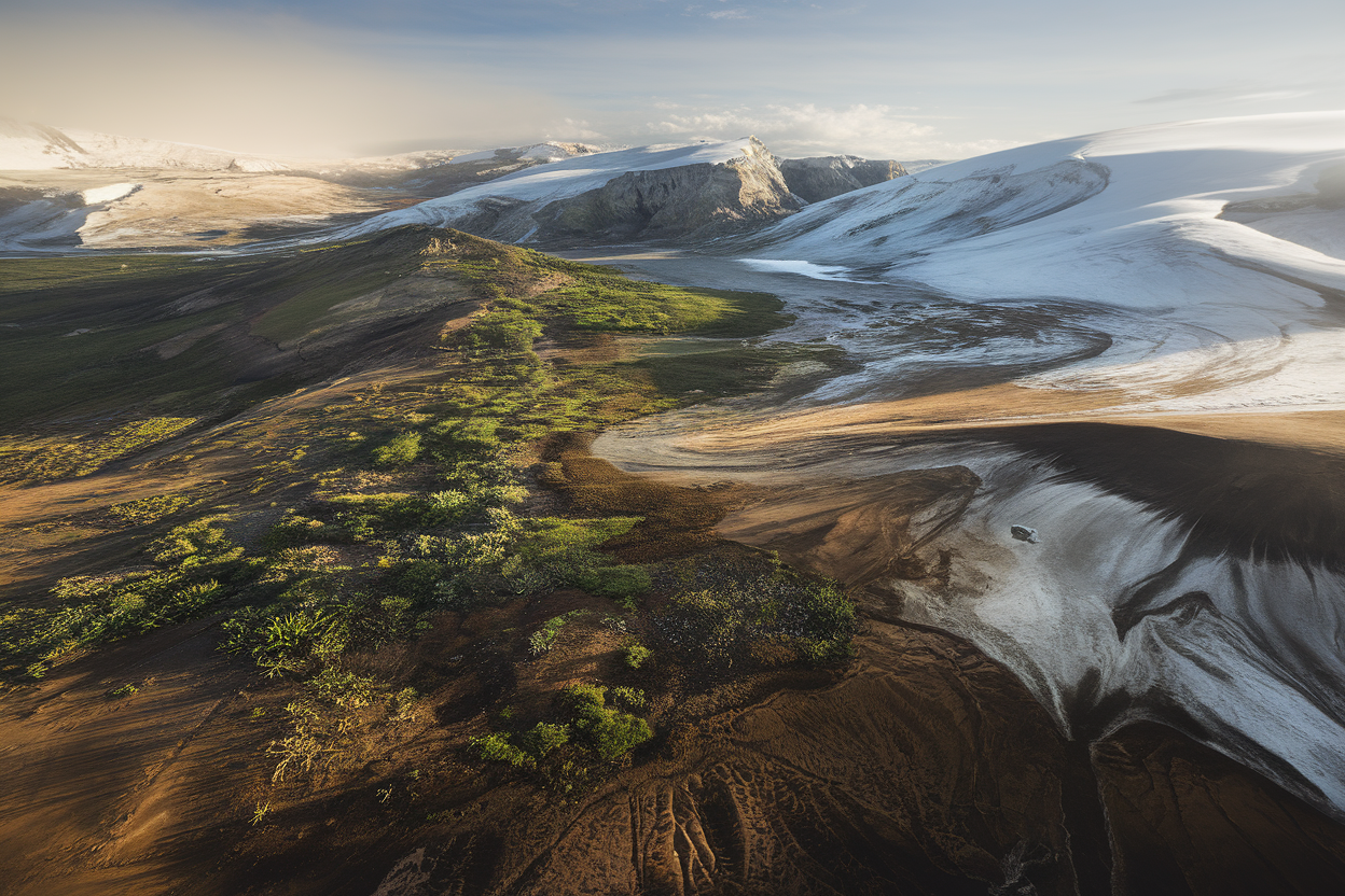 Paesaggio terrestre con vegetazione e cime innevate che riflettono luce solare