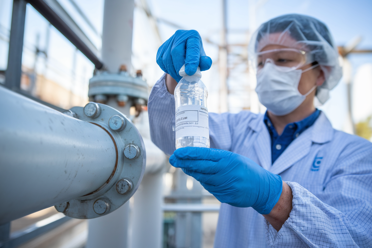 Tecnico in guanti che preleva campione d'acqua da tubazione in laboratorio
