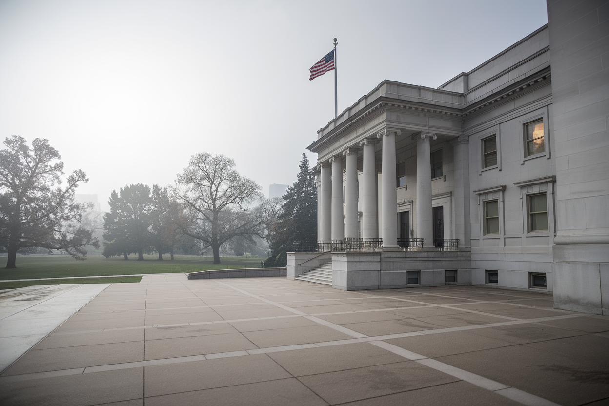 Facciata istituzionale americana con bandiera e atmosfera istituzionale