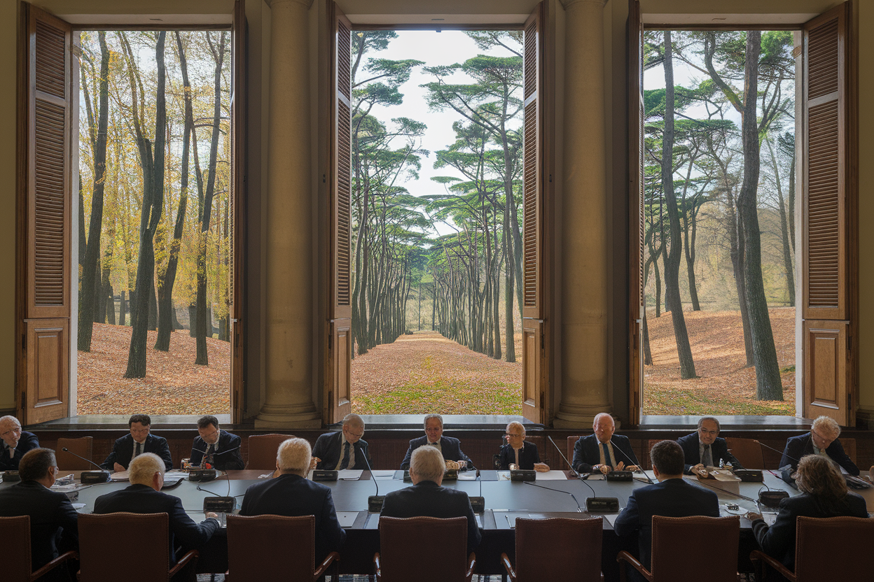 Sala conferenze a Villa del Cardinale circondata da boschi