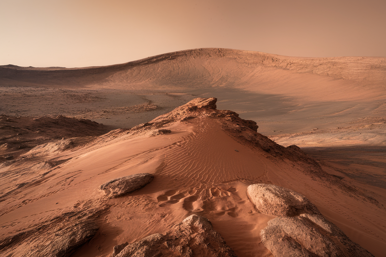 Panoramica marziana con cresta sabbiosa e bordo del cratere in distanza