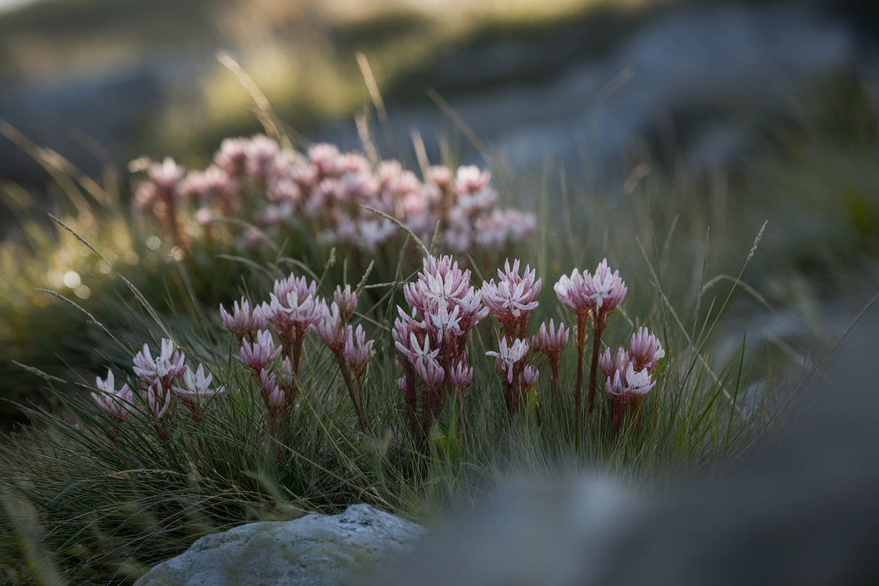 Primo piano di fiori di Armeria su terreno roccioso in ambiente mediterraneo