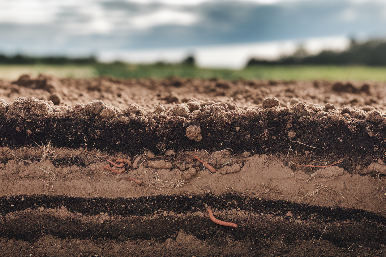 Sezione di suolo fertile con strati scuri e vita microbica visibile