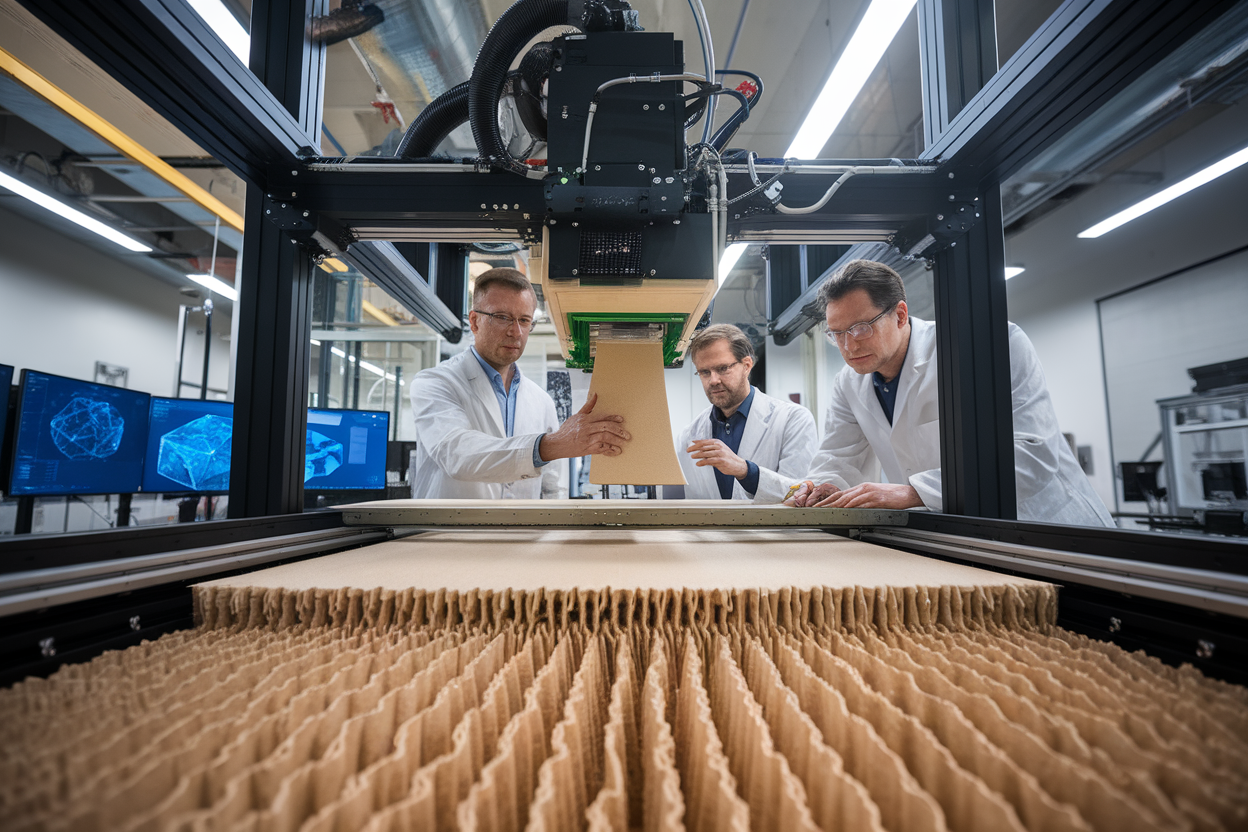 Ricercatori intorno a una stampante 4D che estrae pannelli di bio-foam