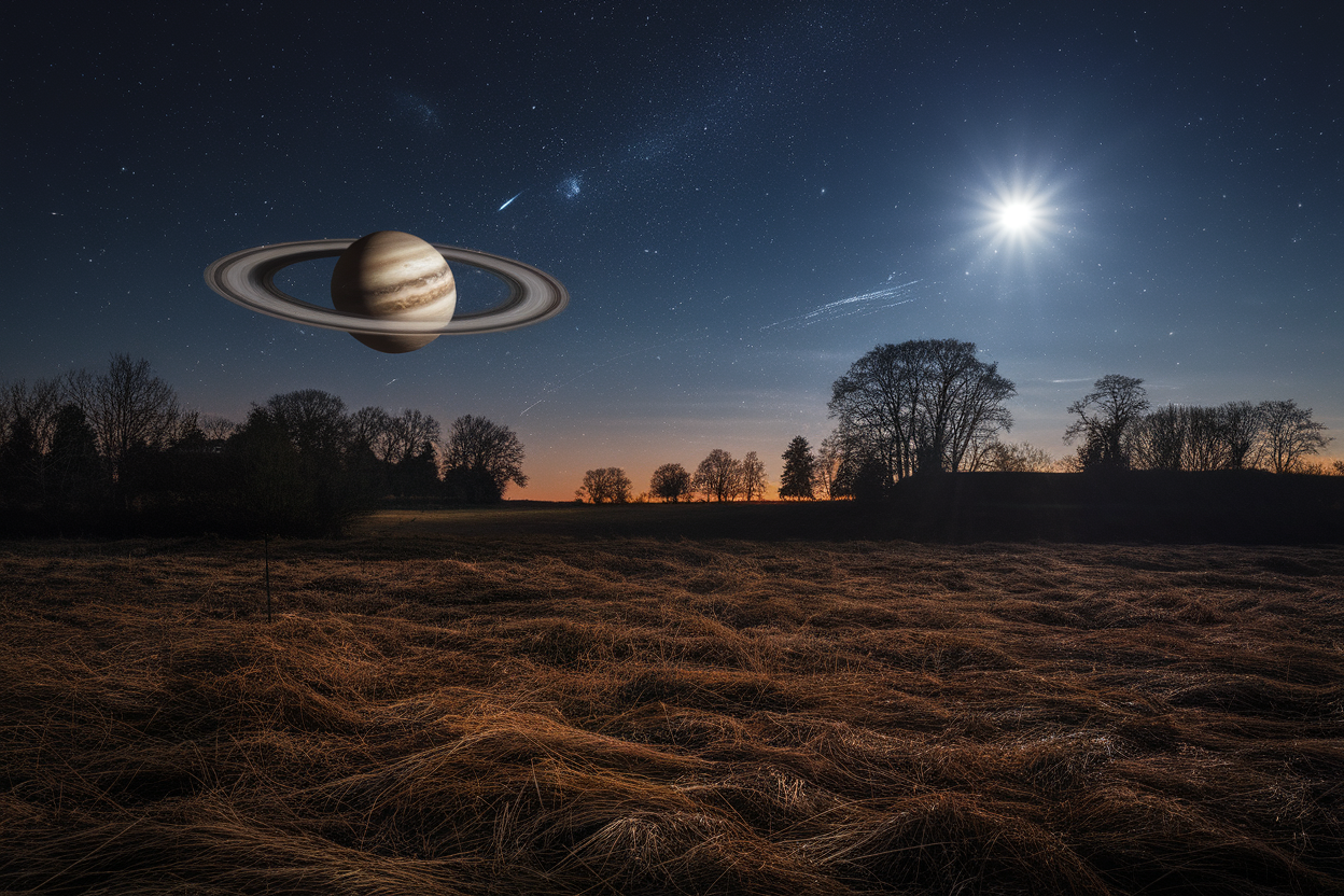 Paesaggio notturno con Saturno, Luna gibbosa e una meteora visibile