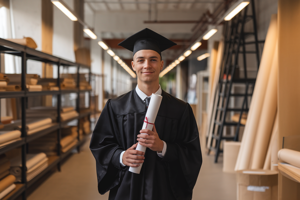 Neolaureato con laurea arrotolata in corridoio universitario