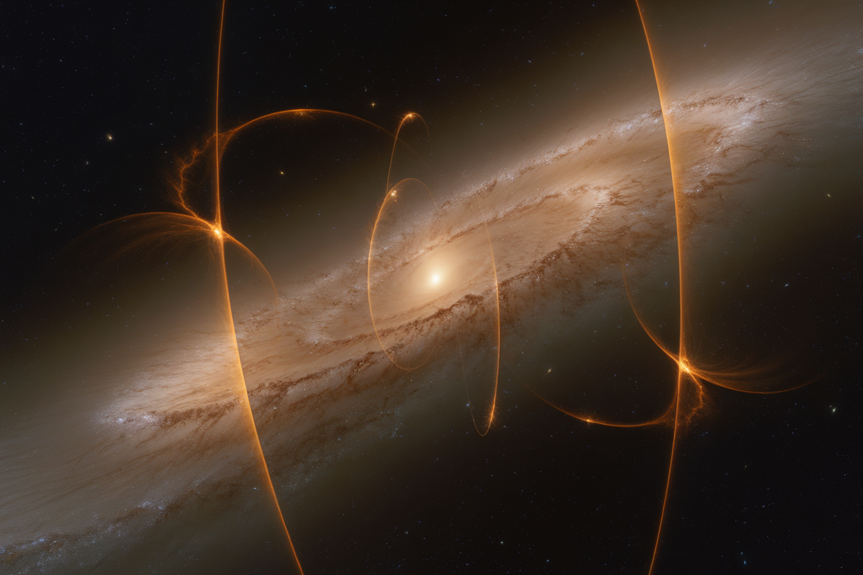 Campo stellare con galassie dorate e archi arancioni distorti