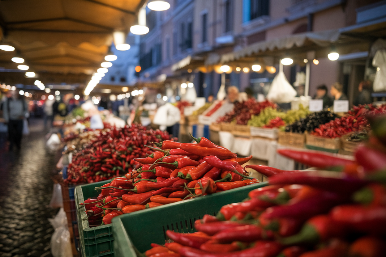 vetrina di bancarelle con peperoncini colorati nel centro storico