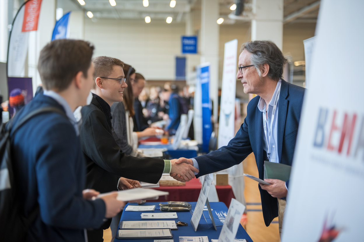 Padiglione universitario durante una Job Fair con persone in conversazione