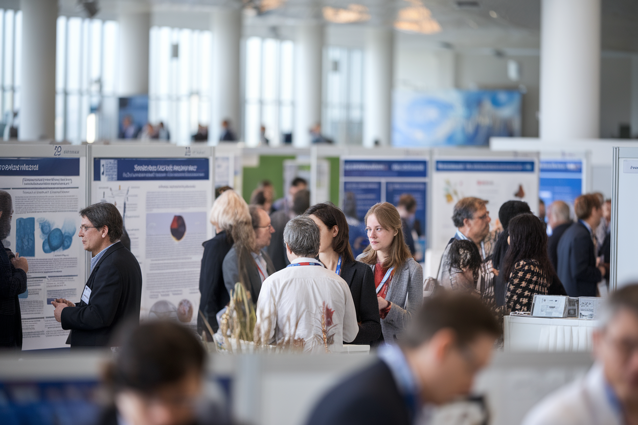 Ricercatori davanti a poster scientifici in un congresso internazionale