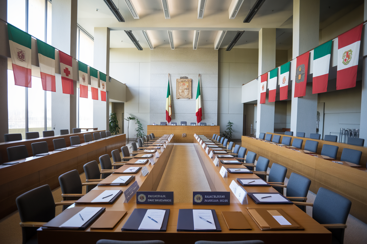 Sala riunioni municipale con tavolo e documenti preparati per incontro