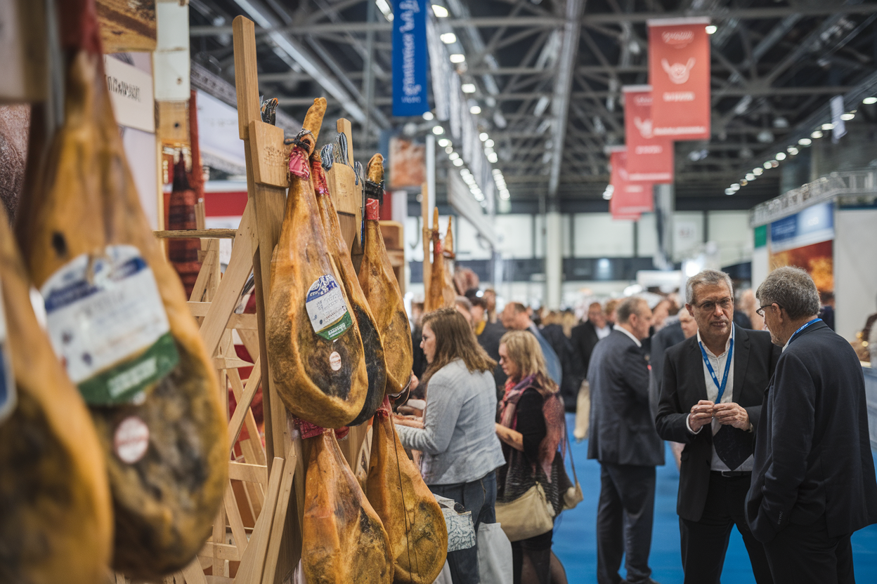 Stand fieristico con esposizione di prosciutti su supporti in legno