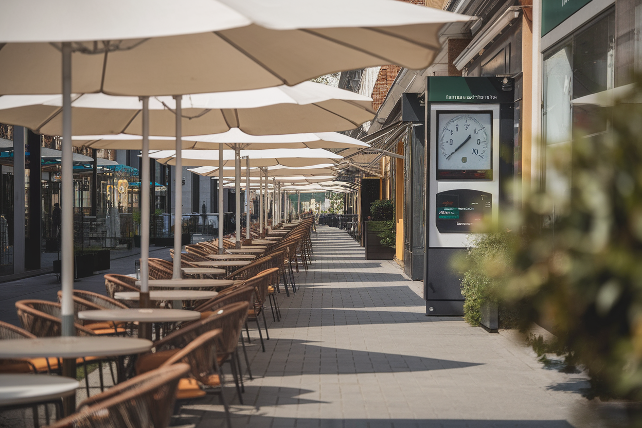 Strada europea vuota durante un'ondata di caldo con termometro visibile