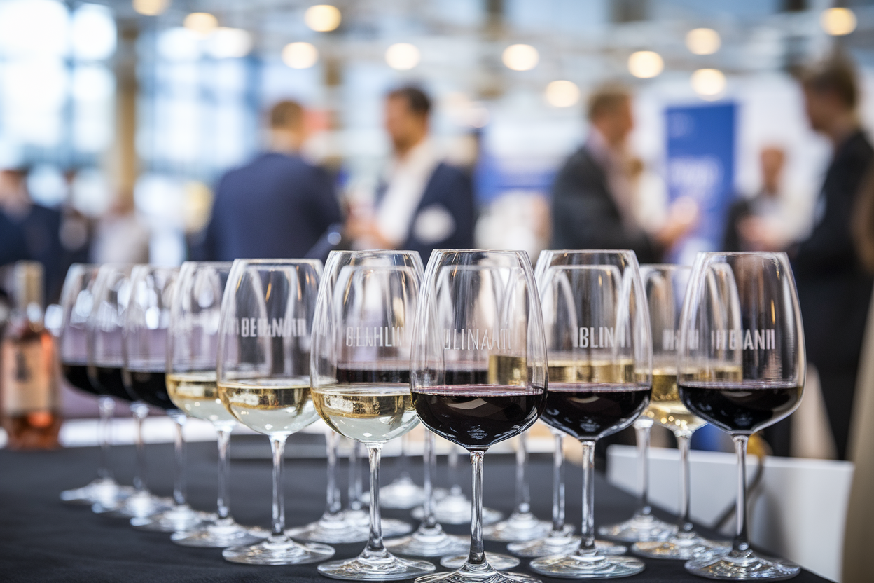 Tavolo con calici di vini bianchi e rossi in una masterclass