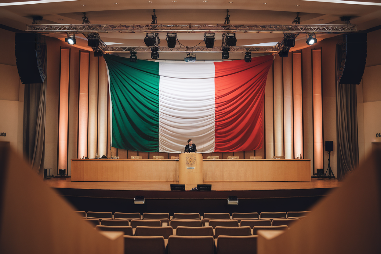 Palco di congresso con podio e bandiera italiana in luce naturale