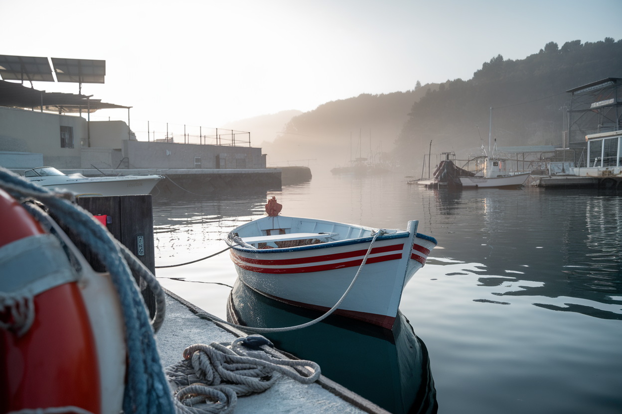 Barca da pesca artigianale al porto con pannelli solari visibili
