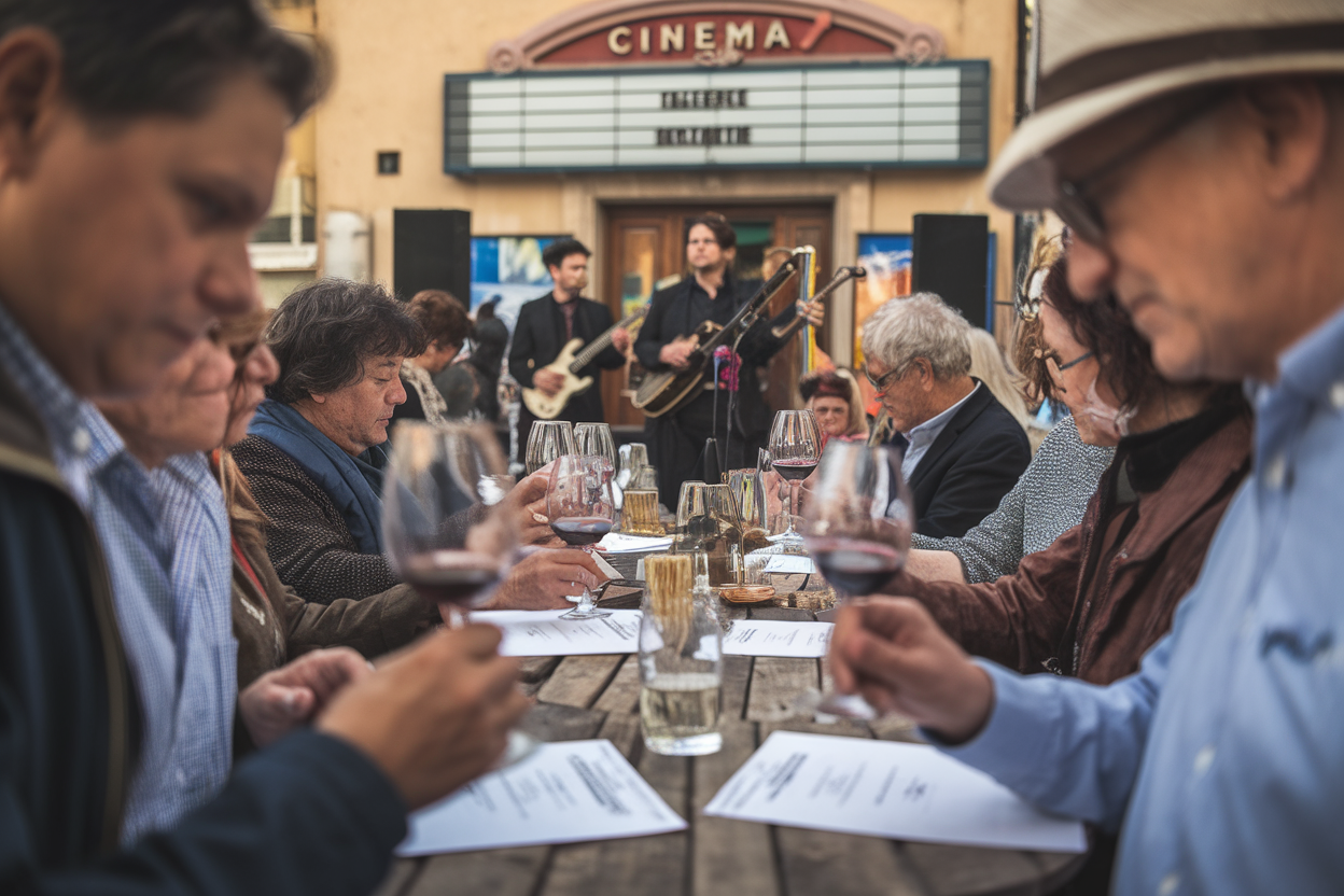 Degustazione di vino con trio jazz dal vivo e partecipanti che compilano questionari