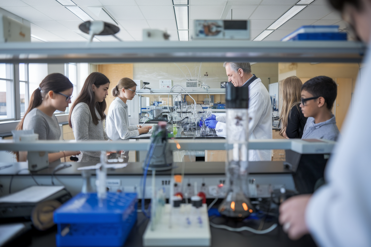 Studenti e ricercatore in laboratorio durante attività educativa